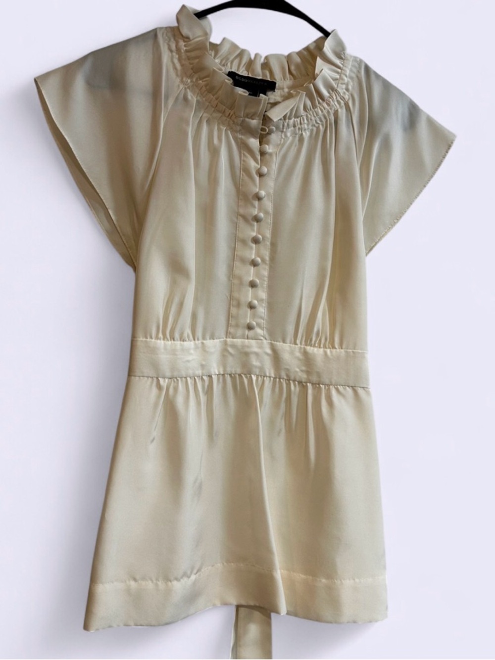 BCBGMaxAzria Ivory Ruffle-Neck Blouse, 100 %SILK.